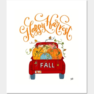 Happy Harvest Fall Season Pumpkin Truck Posters and Art